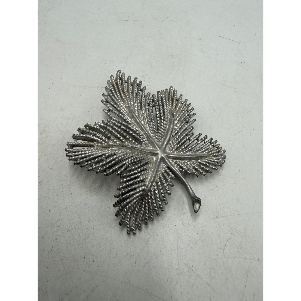 Vintage Silver Tone Textured Leaf Brooch Large Botanical Maple Pin